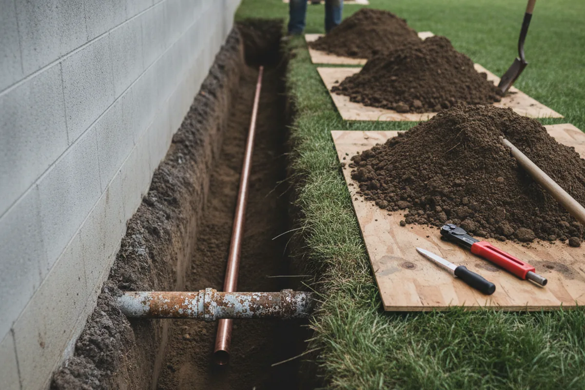 Excavated water line trench during Water Heater Repair in El Dorado